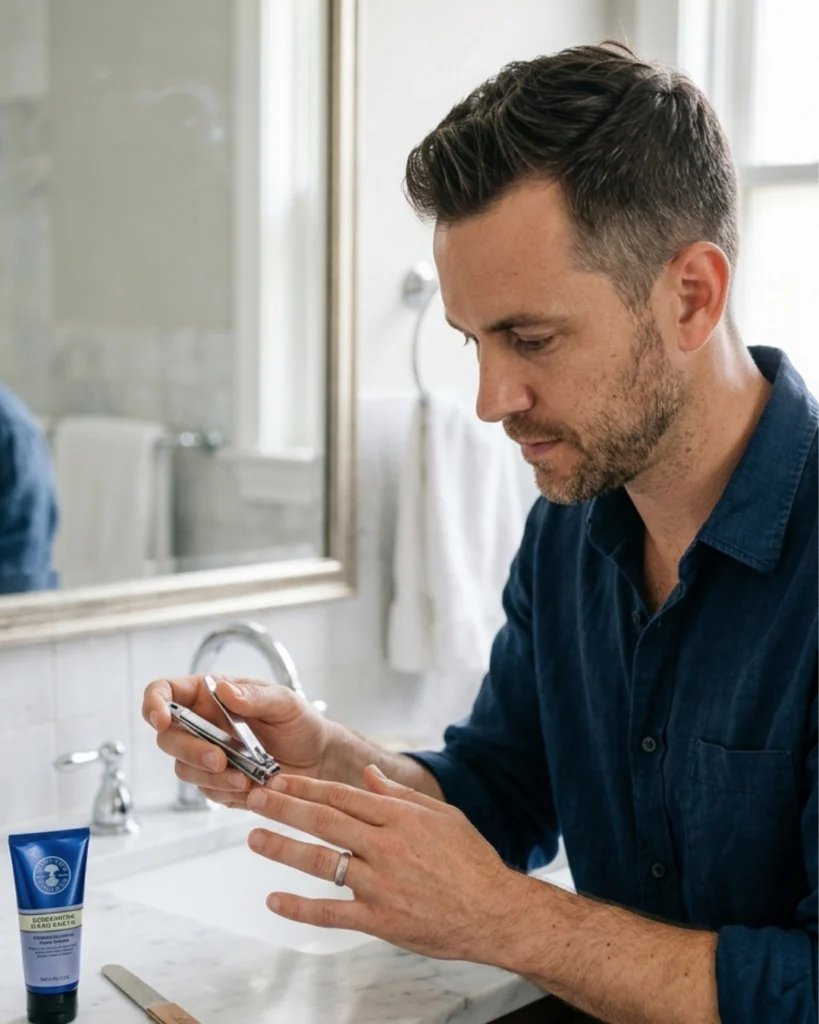 Man trimming his fingernails at a bathroom counter, showing why clean hands and well-kept nails matter in good grooming habits for men.