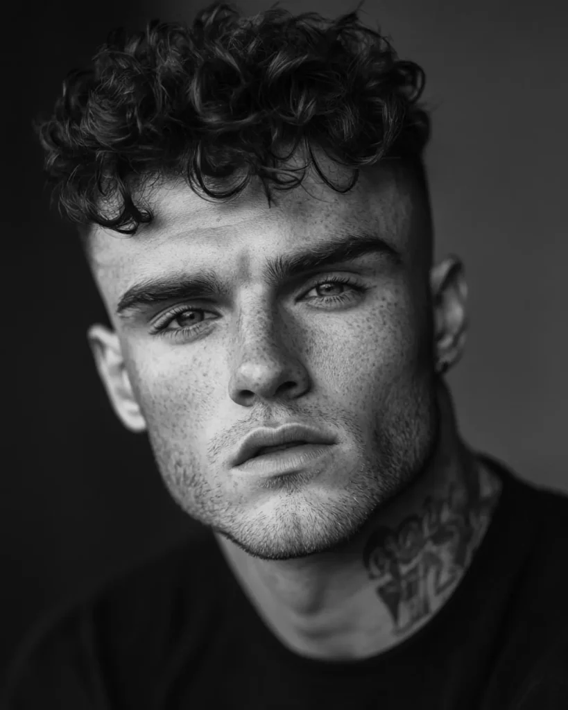 2mm beard with light stubble on a man with curly hair in a black and white portrait
