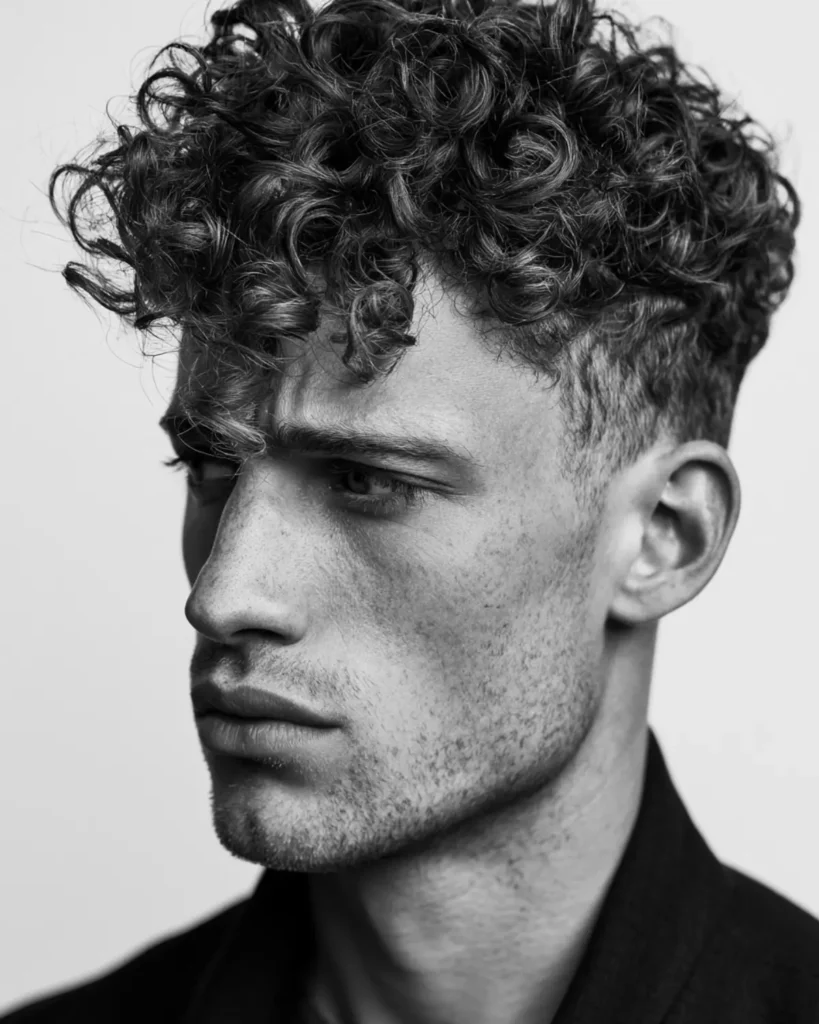 2mm beard with light stubble on a man with curly hair and a low fade in a black and white portrait