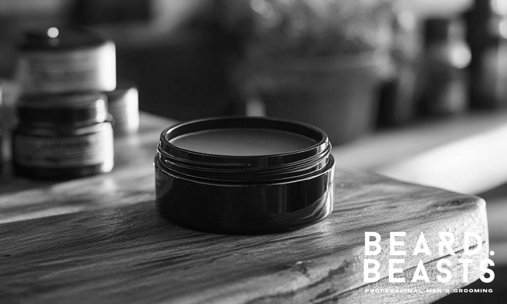 A black, open container of pomade sits on a rustic wooden surface, surrounded by blurred grooming products in the background. The image features a black-and-white aesthetic, highlighting the minimalist and professional branding of Beard Beasts, with the logo displayed in the bottom right corner.