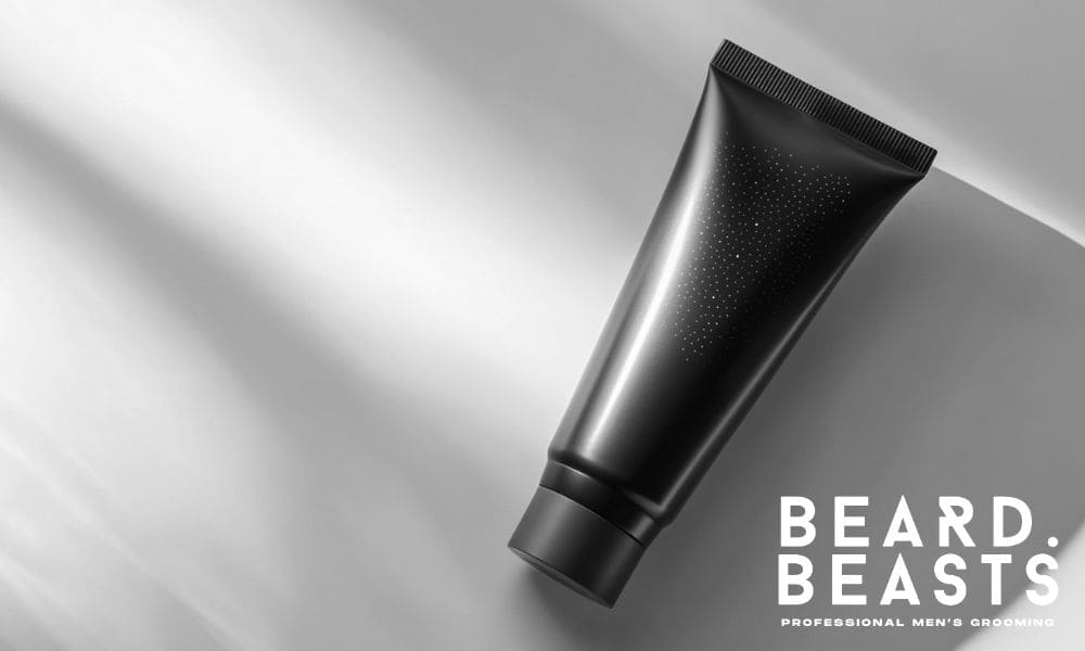A sleek black tube of hair gel rests on a smooth, light-colored surface with soft shadows, showcasing a modern and minimalist design. The tube features subtle dotted details, reflecting the premium grooming style of Beard Beasts, whose logo is displayed in the bottom right corner.