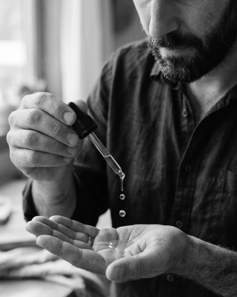 Bearded man dispensing a few drops of almond oil into his palm before applying it to his beard