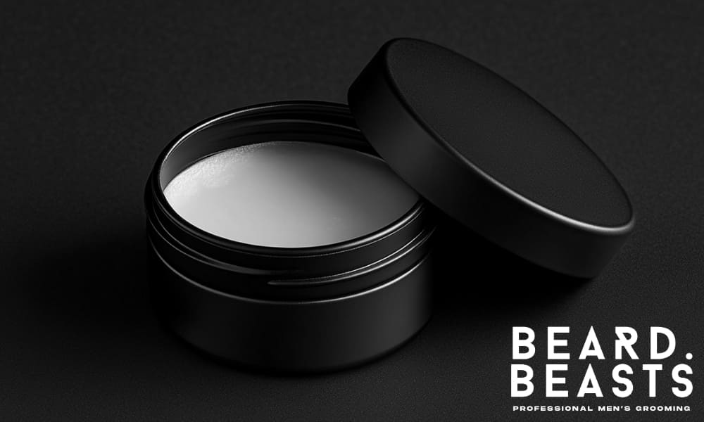 Matte black tin of beard balm with lid off, showing smooth texture—used to support beard growth and conditioning