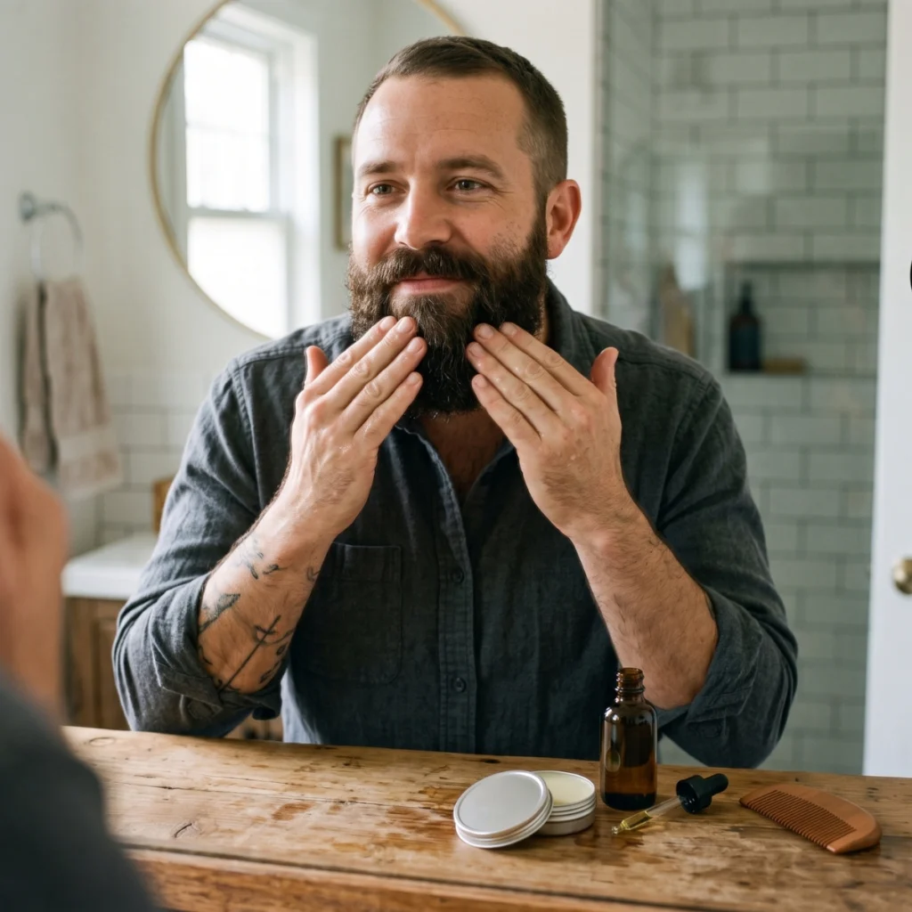 Man applying beard product while choosing between beard oil and balm for conditioning or styling