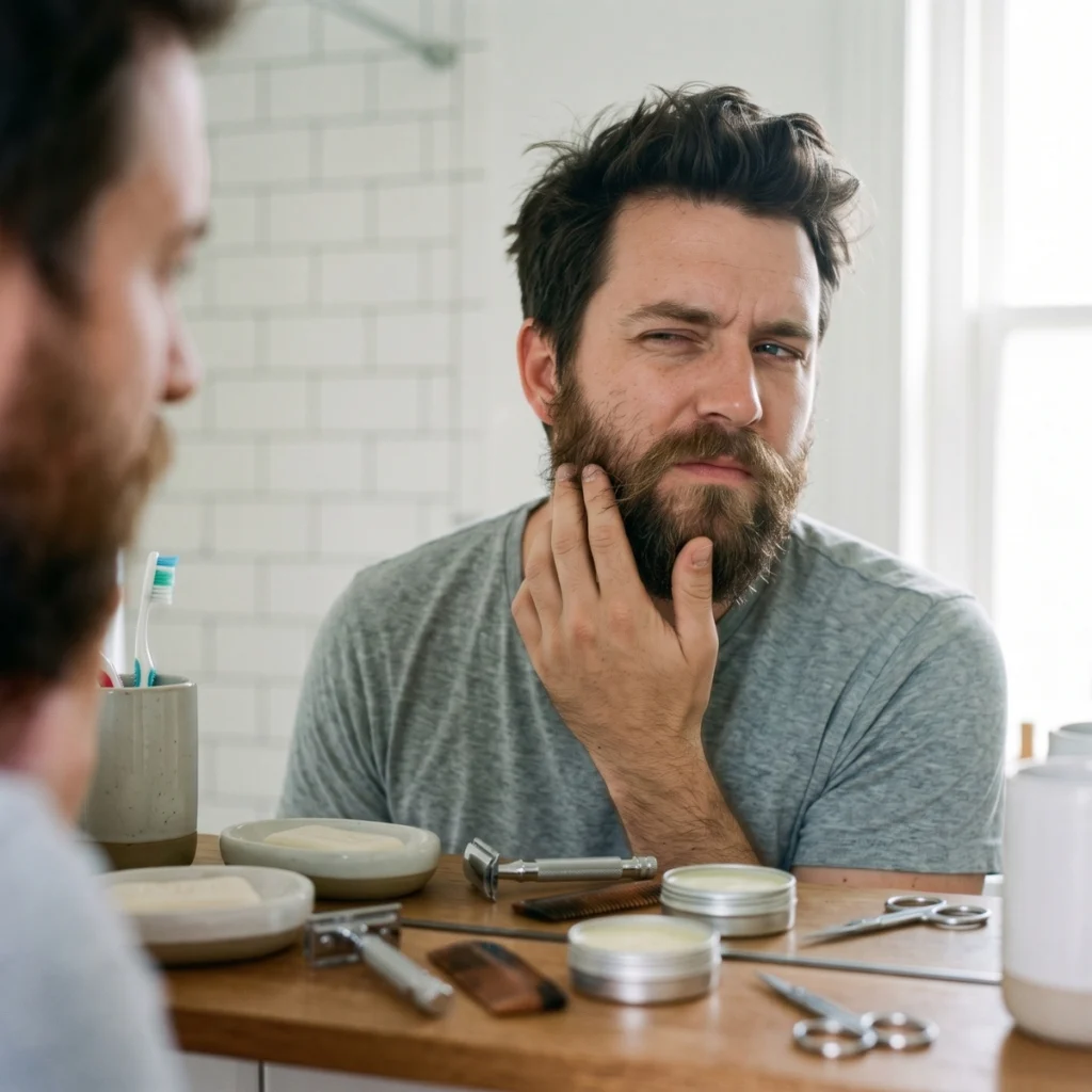 Man checking his beard before deciding which grooming product or tool to use