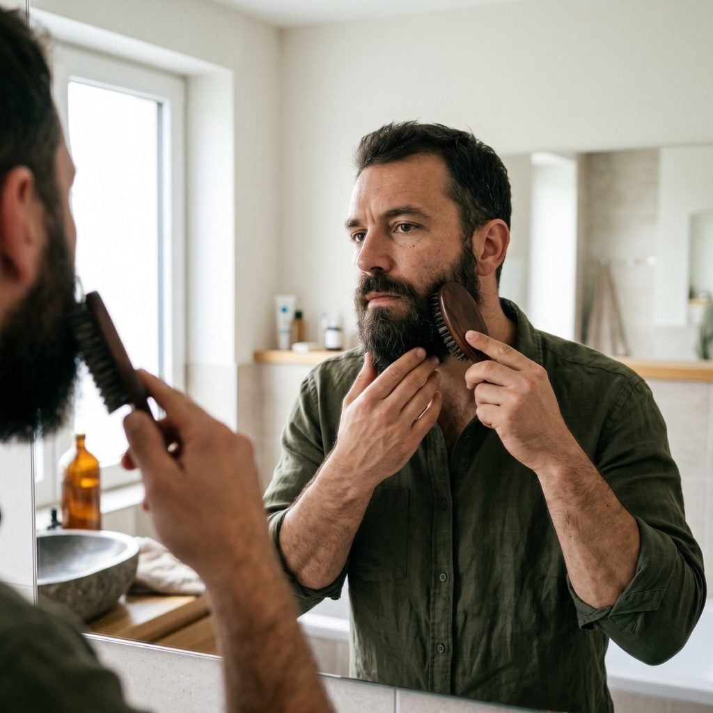Man brushing his beard in the direction he wants the hair to go