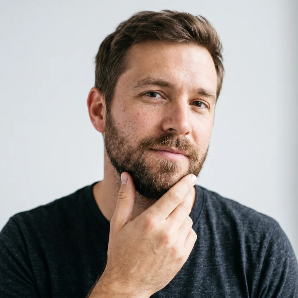 Man examining his beard with naturally thinner facial hair on his cheeks.