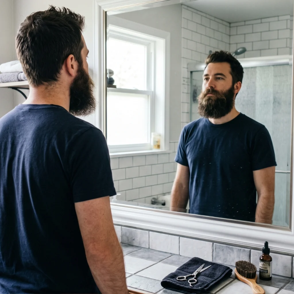Man checking his dry beard in the mirror before deciding whether it needs trimming