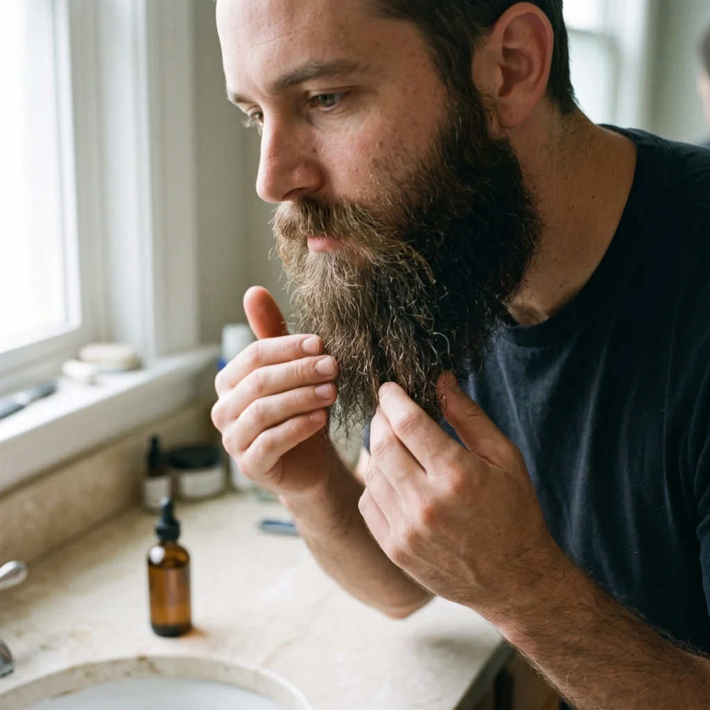 Man working beard oil through the lower lengths and ends of a long beard