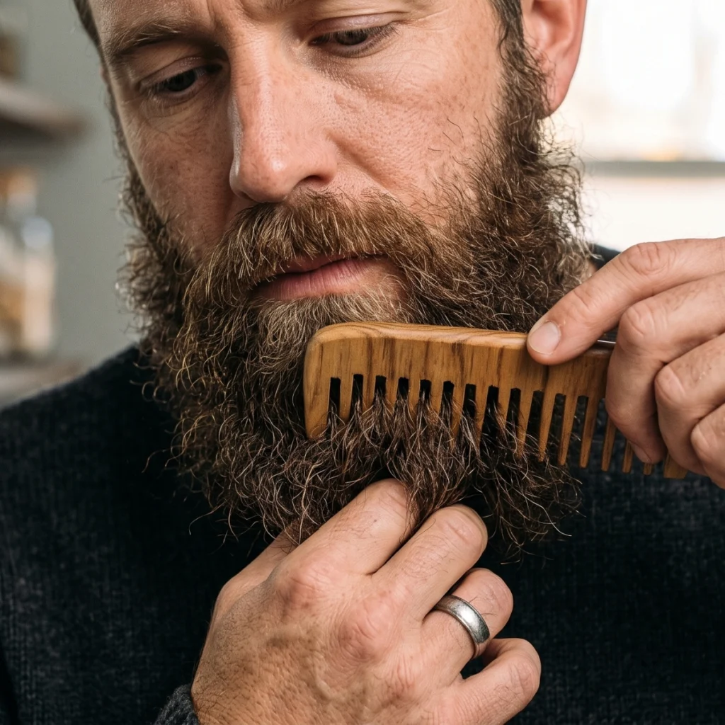 Man detangling the ends of a long beard with a wide-tooth comb
