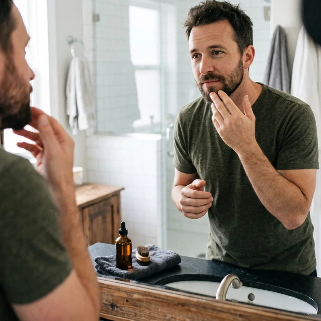 Man with thinner cheek beard growth checking his facial hair with almond oil nearby