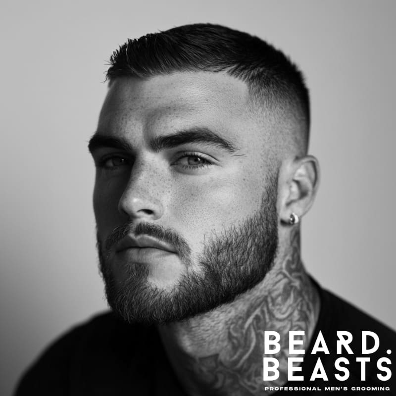 2025 men's fade haircut example: Close-up showing a skin fade transitioning to a textured crop top, with detailed blending from #000 at the hairline to #fff at the temples - modern barbering technique for contrast and dimension