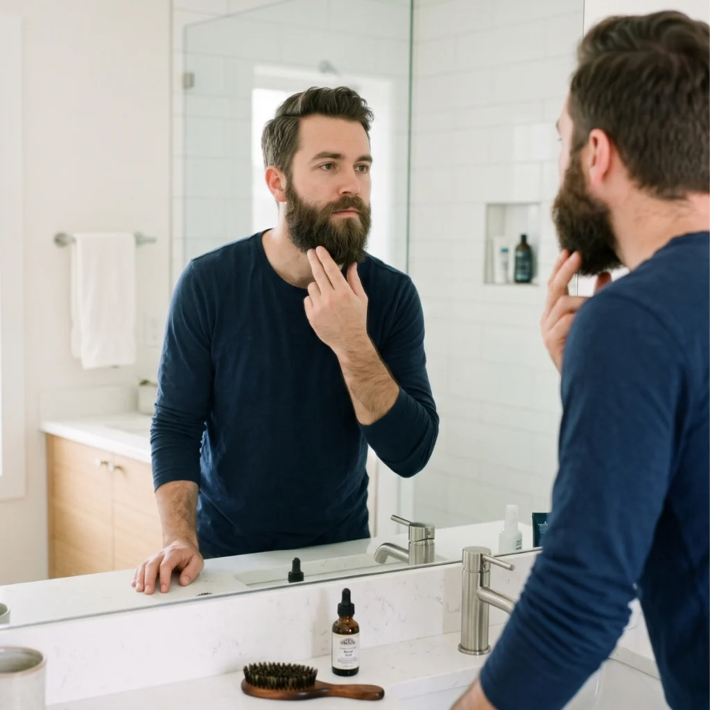 Man checking the length of his beard before trying to train stubborn growth