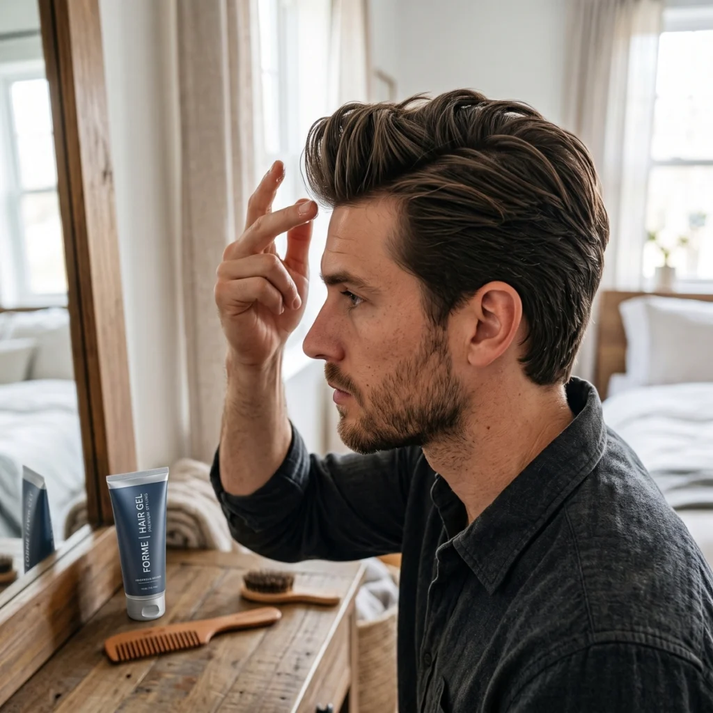 Man setting a quiff in place with hair gel
