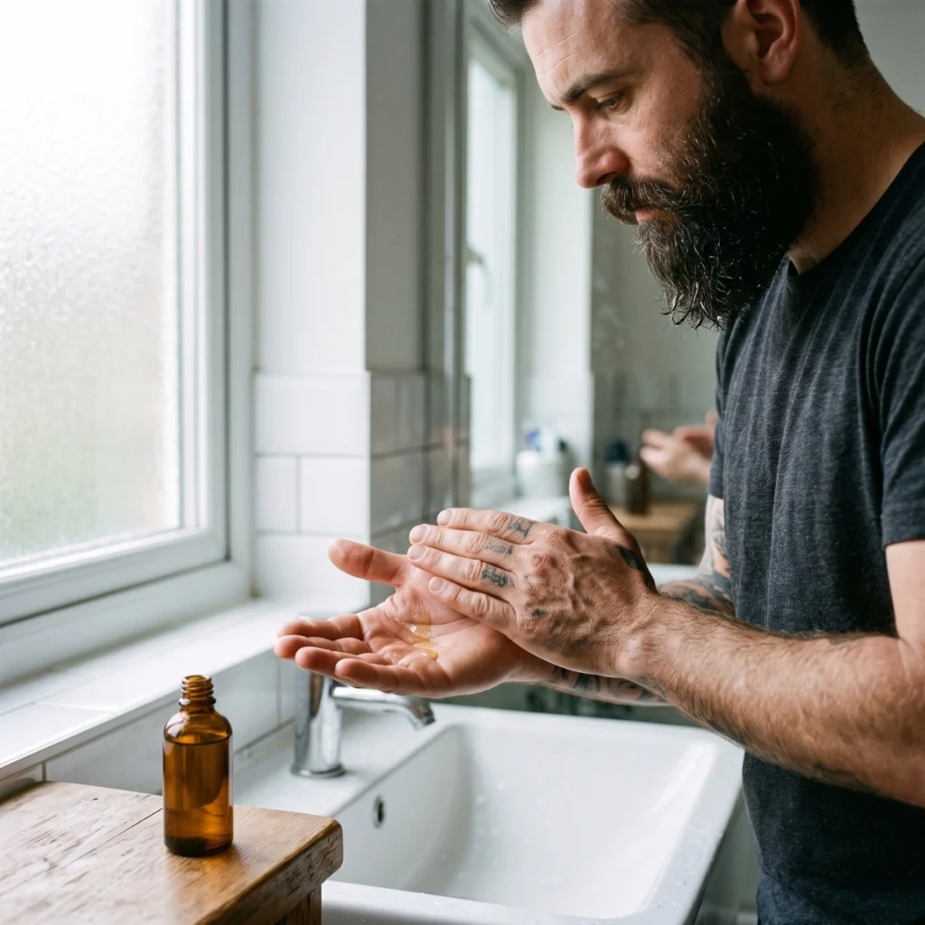 Bearded man rubbing a few drops of almond oil between his hands before applying it