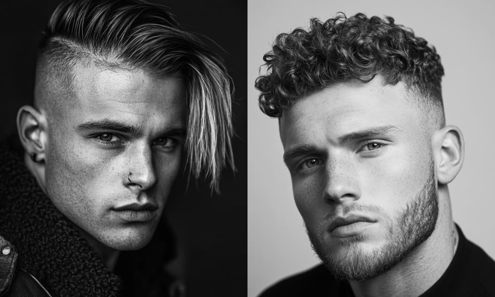 2025 Men's Hairstyle Comparison: Left model shows a 4+ inch disconnected undercut (razor-sharp part line, blunt length contrast) vs Right model's tight curly fade (0.5mm skin fade blending into 3A curl pattern) - demonstrating extreme texture spectrum in modern barbering