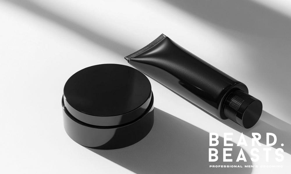 A sleek black container of pomade sits alongside a minimalist black tube of hair gel on a smooth, light surface with soft shadows. The image highlights the modern and professional branding of Beard Beasts, showcasing a comparison of pomade vs gel for men's hair styling needs. The clean and sophisticated design emphasizes the premium quality of the grooming products.