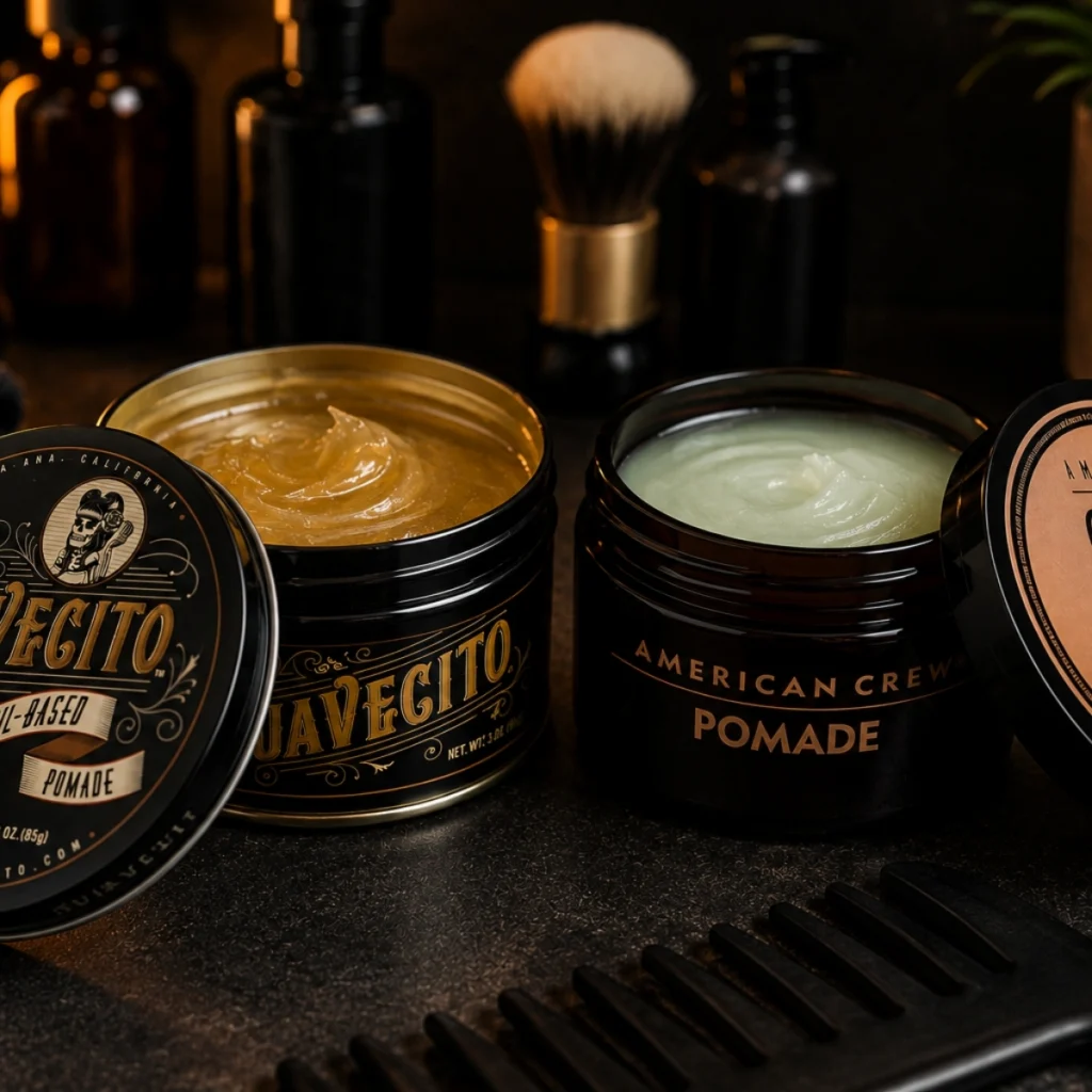 Suavecito oil-based pomade and American Crew water-based pomade side by side