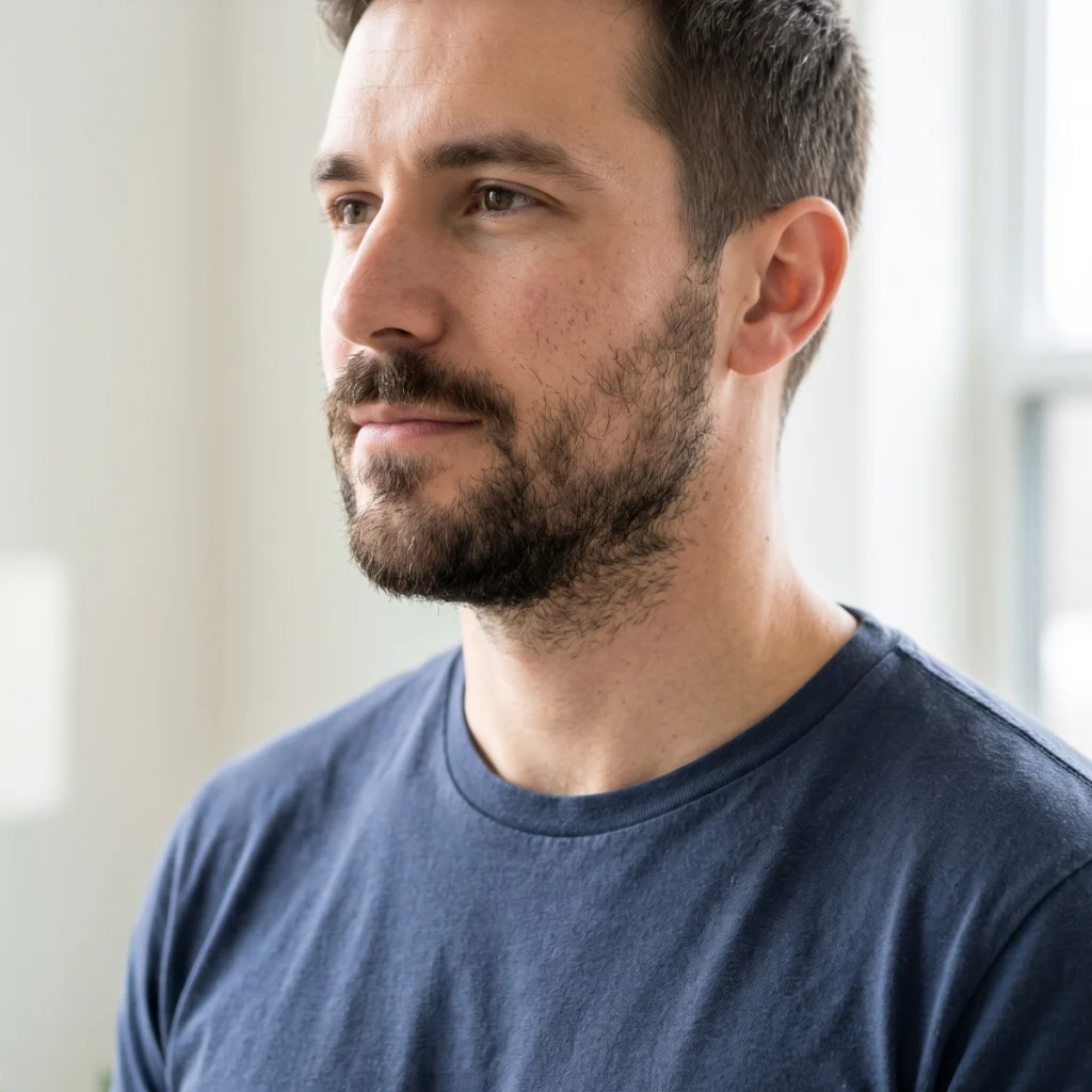 Side profile of a man with naturally patchy facial hair, showing thinner cheek growth and a fuller jawline beard.