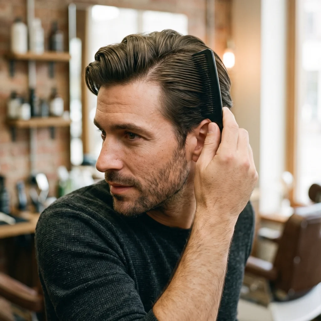 Man using a comb to shape a side-part hairstyle with pomade