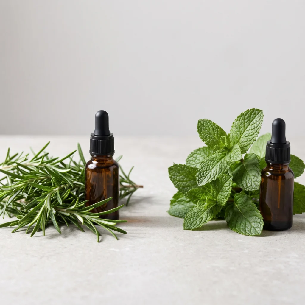 Fresh rosemary sprigs and peppermint leaves beside two amber essential oil bottles.