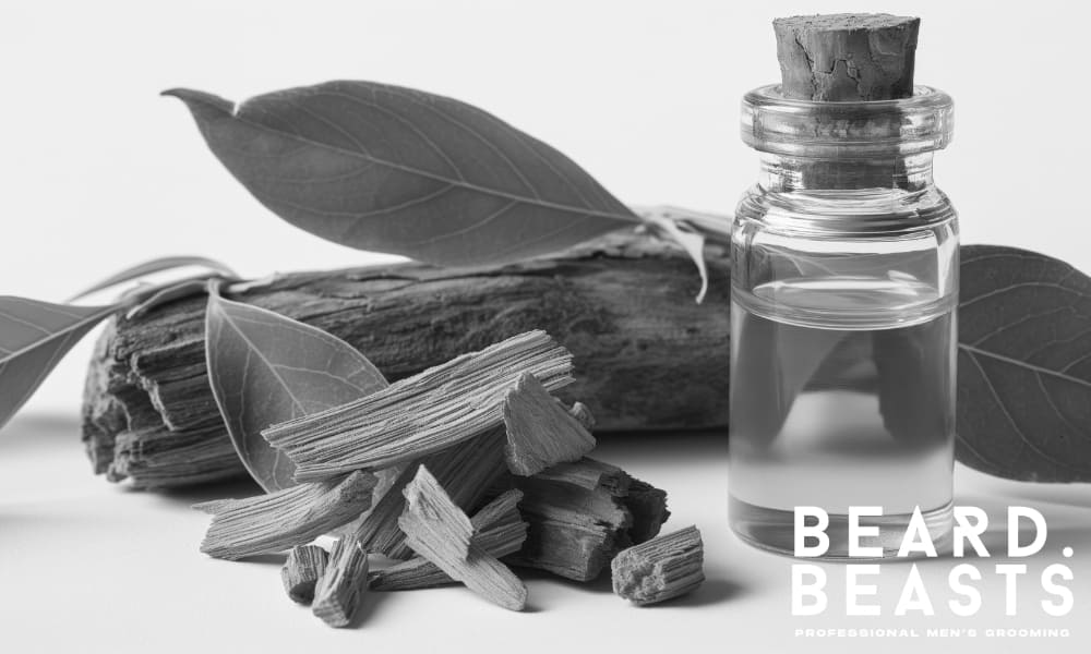 Sandalwood essential oil in a glass bottle with wood chips and green leaves—used in beard care for conditioning and root support.