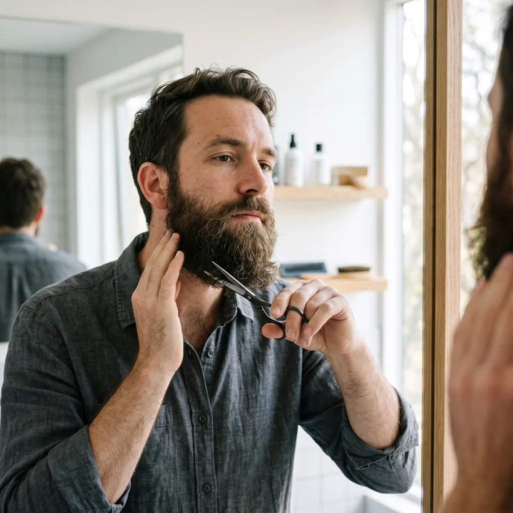 Man trimming a stubborn section of beard growth near the jaw while checking the shape in a mirror