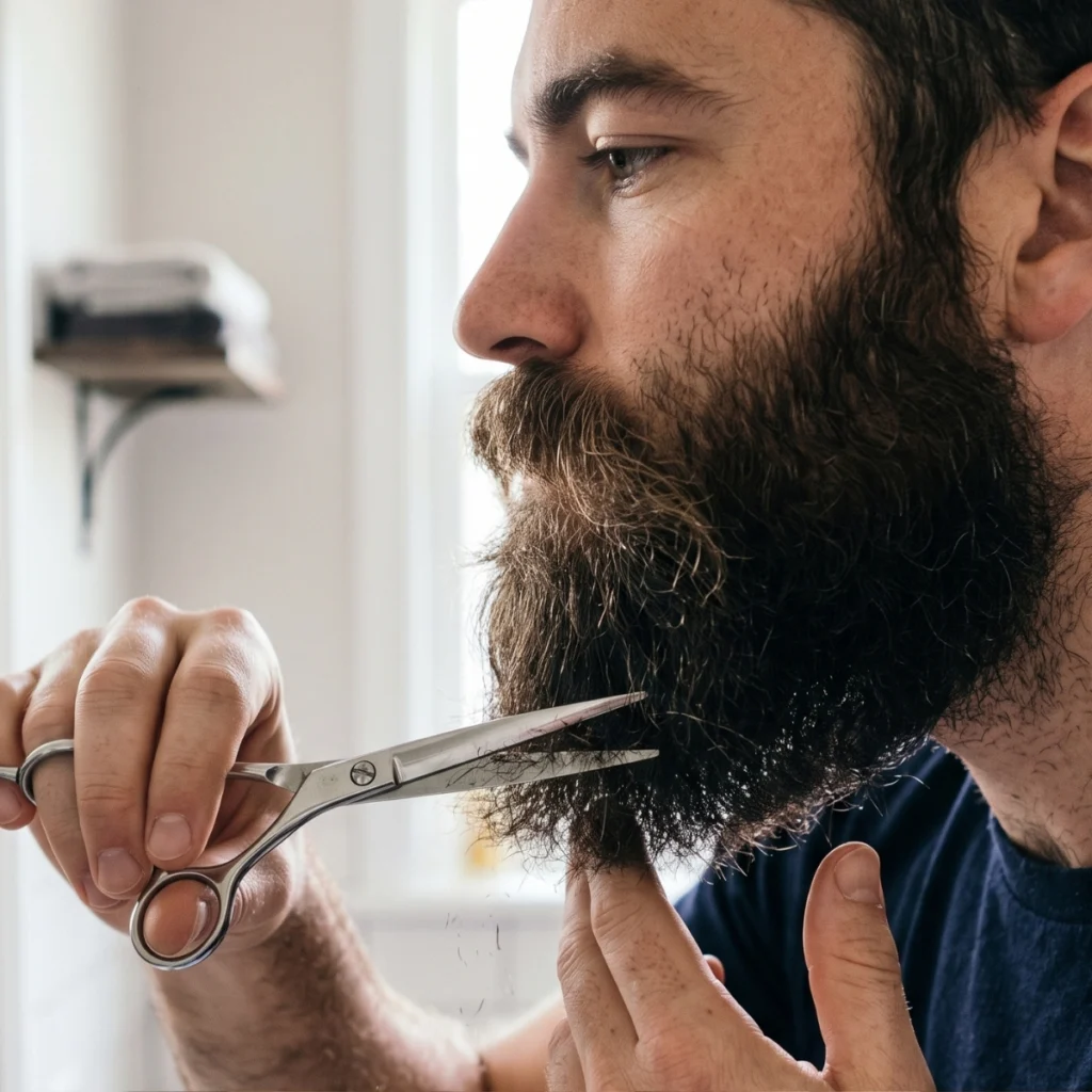 Man trimming the overall shape of a full beard with scissors