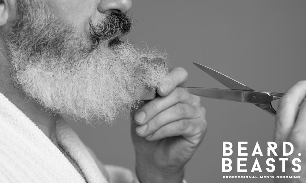 Man trimming his beard with scissors while brushing for shape, highlighting routine beard maintenance and grooming precision.