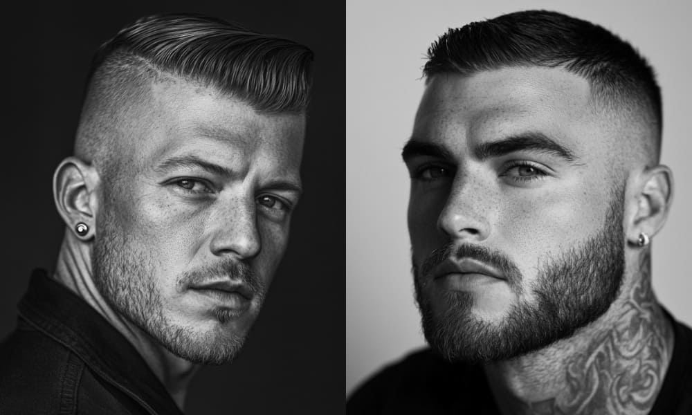 2025 Men's Haircut Comparison: Left model shows a classic undercut with 2-inch length contrast between top and sides (scissor-cut texture) vs Right model's skin fade with 0.5mm-3mm gradual blend (clipper work) - highlighting key differences in modern barbering techniques