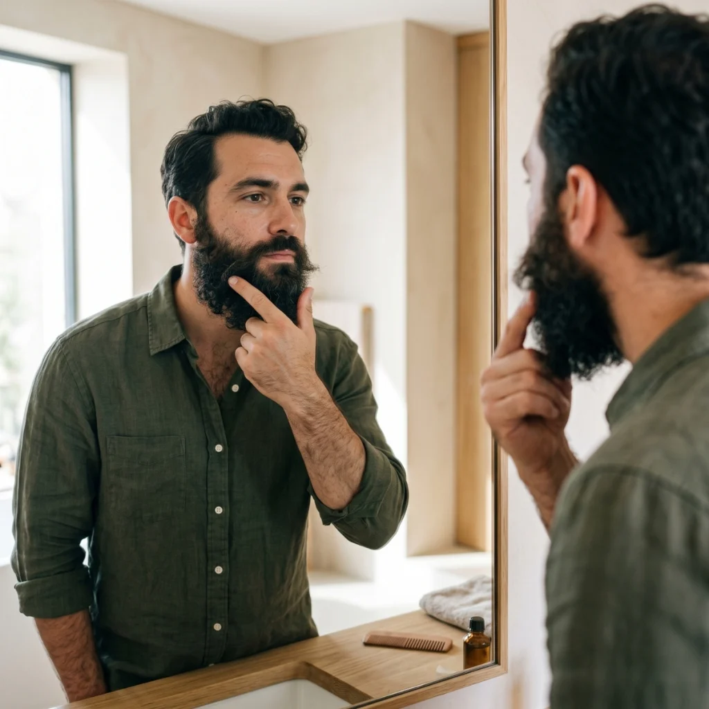 Man checking and guiding a stubborn section of beard growth in the mirror