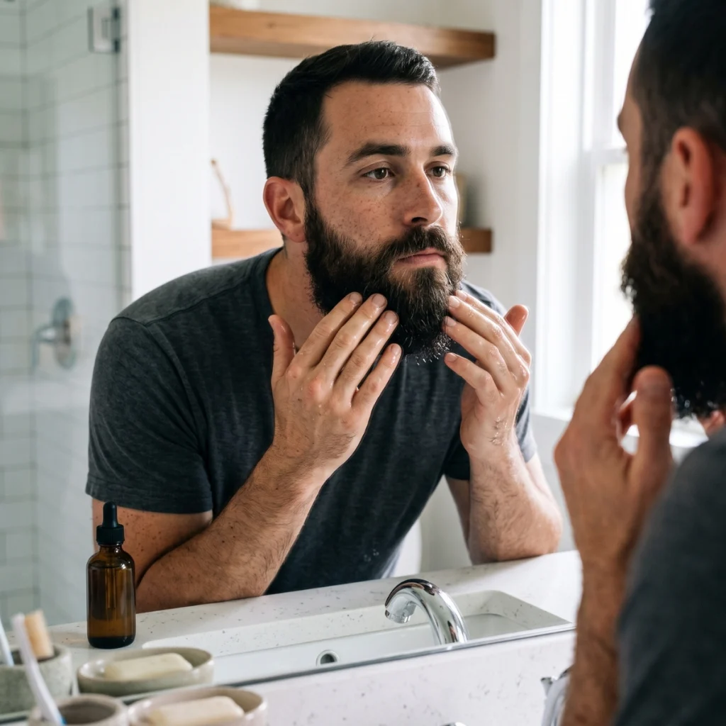 Man working almond oil through his beard in front of a bathroom mirror
