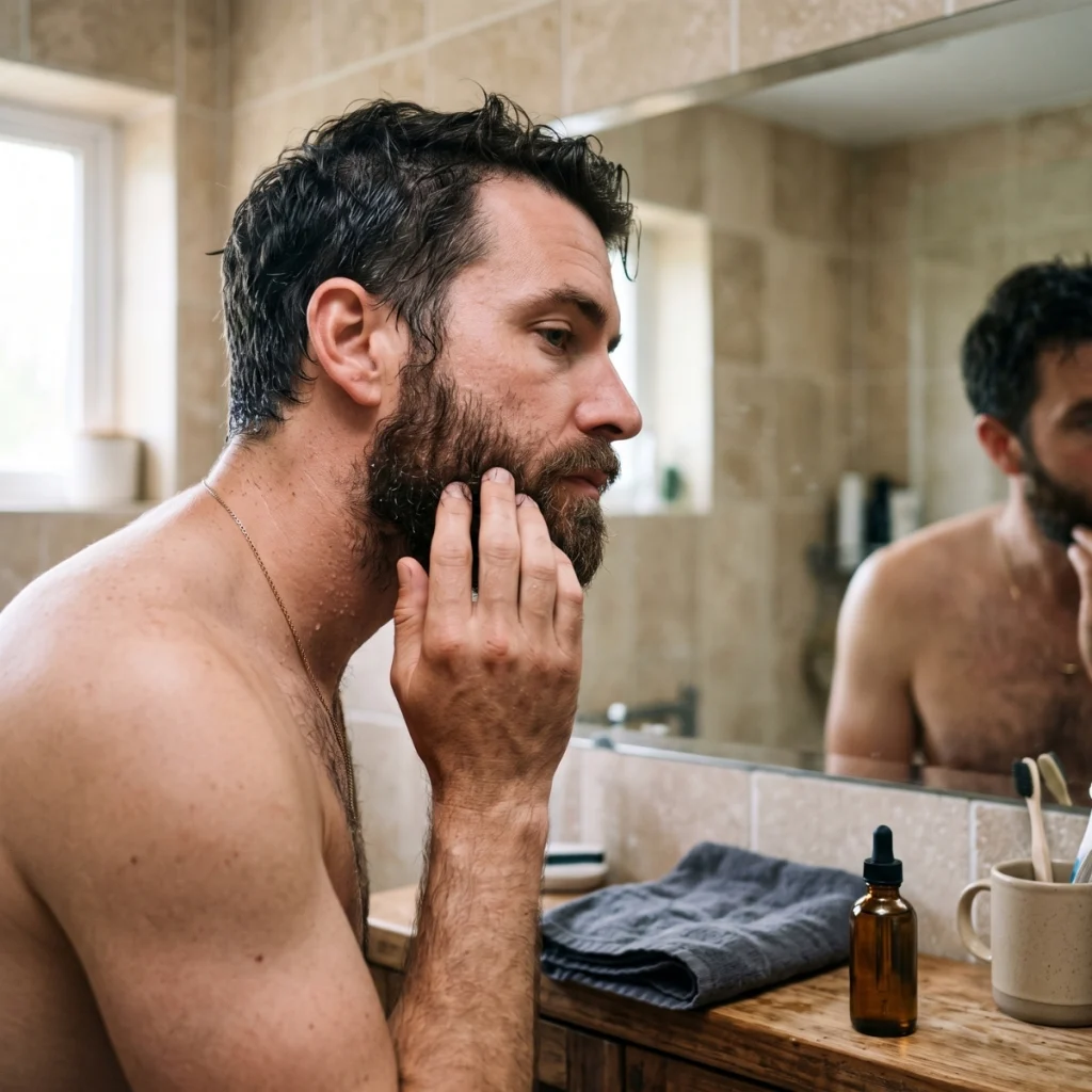Man checking a coarse beard after washing with almond oil on the bathroom counter