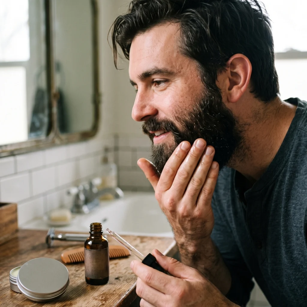 Man applying beard oil before using beard balm as part of his grooming routine