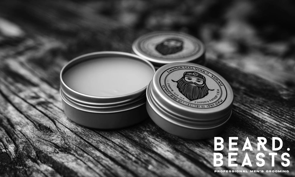 Two tins showing beard balm and beard wax side by side on rustic wood, highlighting texture differences