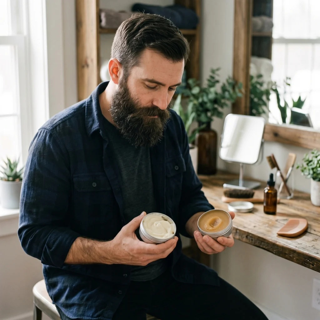 Bearded man comparing a soft beard butter with a firmer beard balm containing shea butter.