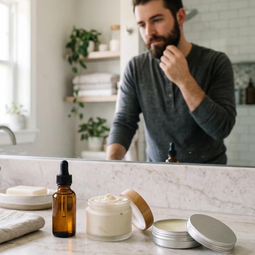 Beard oil, beard butter and beard balm compared on a bathroom counter.