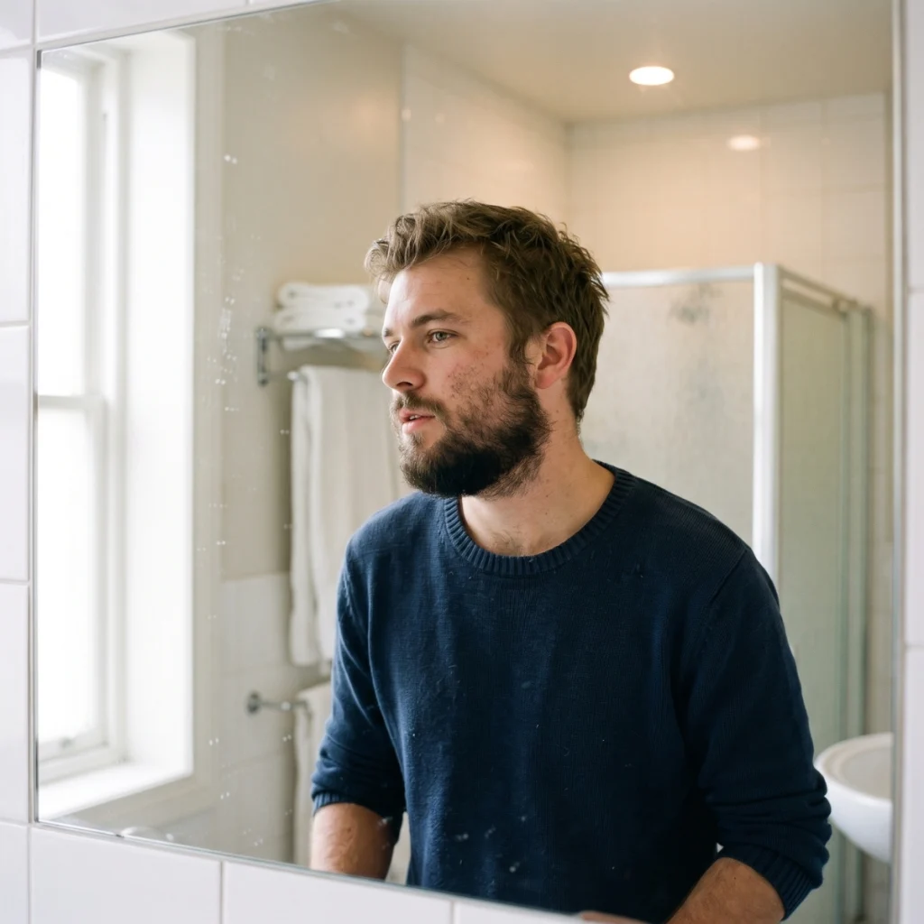 Man with sparse cheek growth and much denser beard growth along the jaw and neck.
