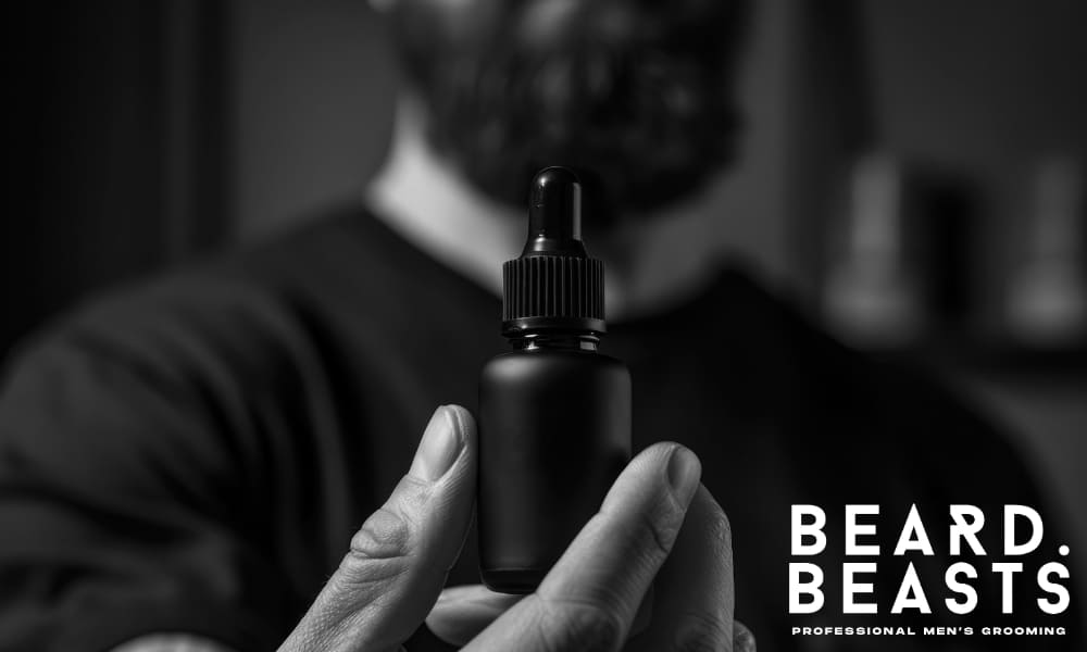 Close-up of a man with a full beard holding a matte black dropper bottle of beard oil, symbolizing targeted skincare and grooming science.