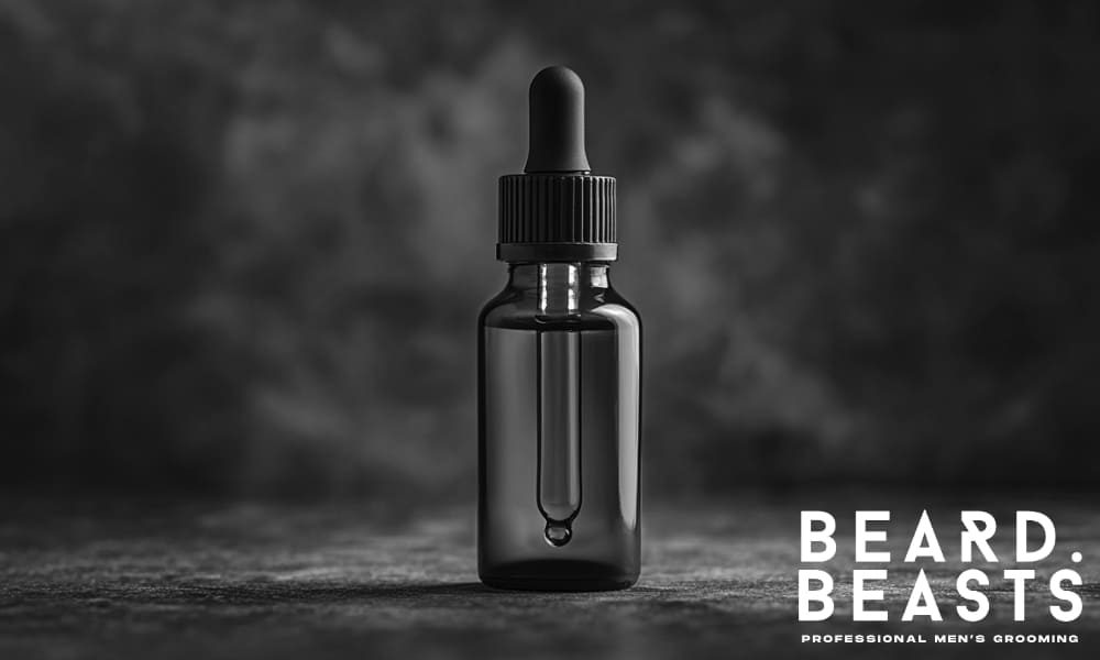 Amber glass bottle of beard oil with dropper on a dark surface, symbolizing quality grooming products and the question—does beard oil work?