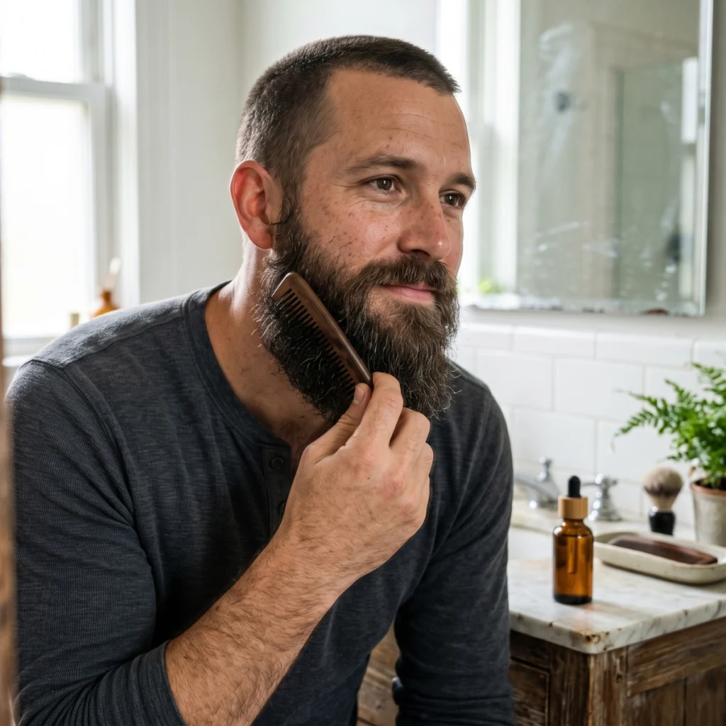 Man combing his beard after using beard oil to help condition the beard hair.
