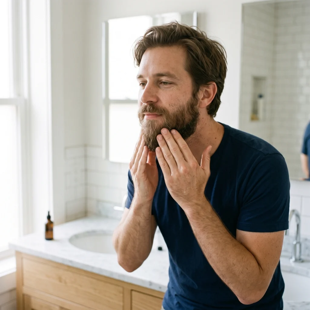 Man applying beard oil to condition his beard rather than promote beard growth.