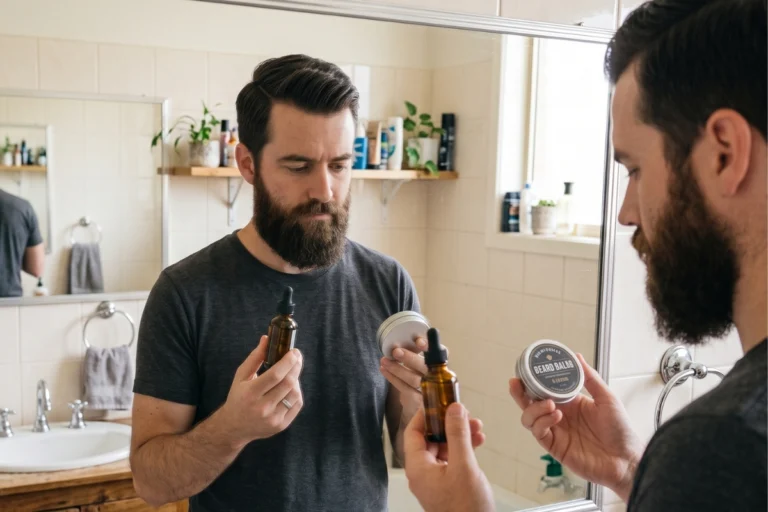 Man deciding whether to use beard oil or beard balm first during his grooming routine