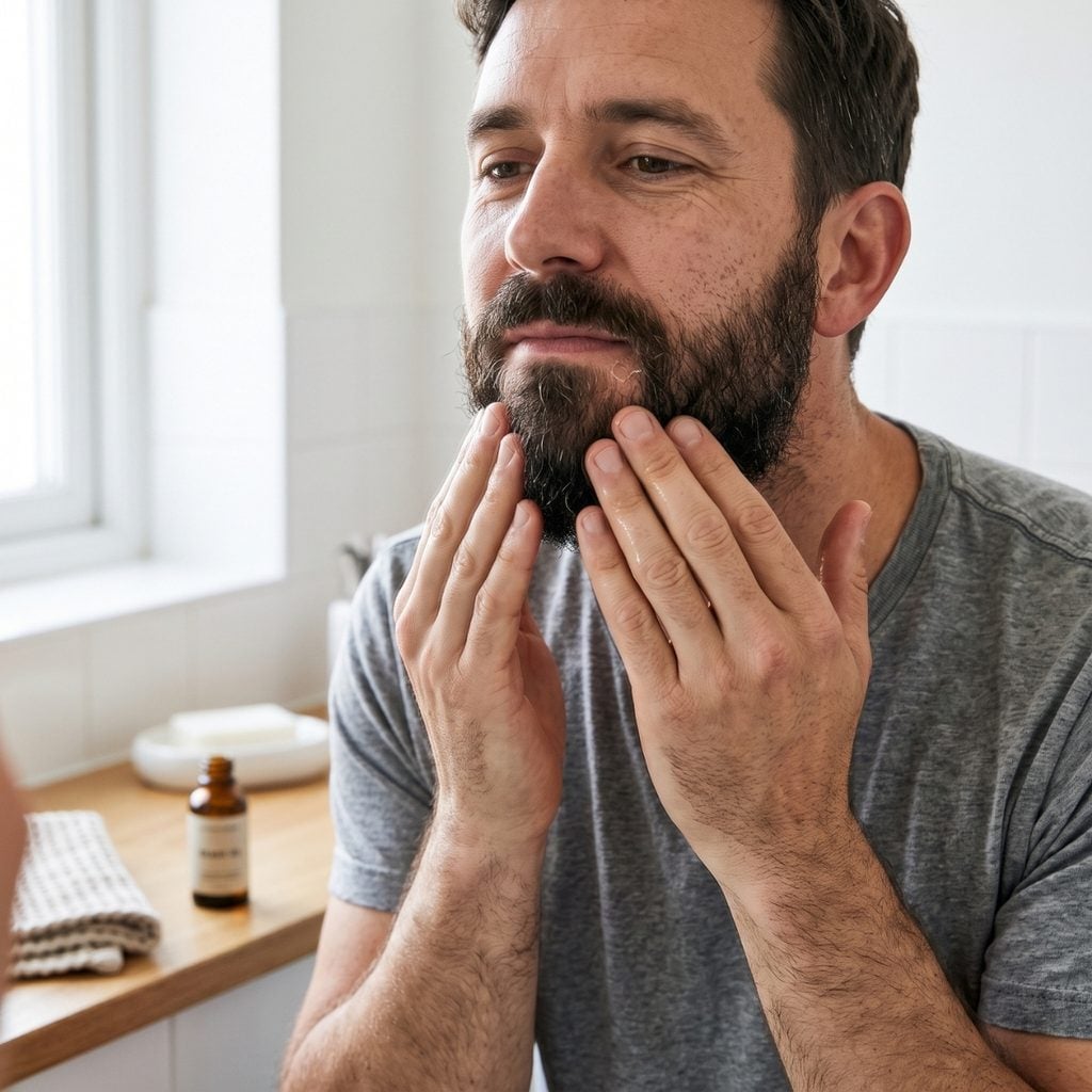 Man massaging beard oil into the skin underneath his beard.