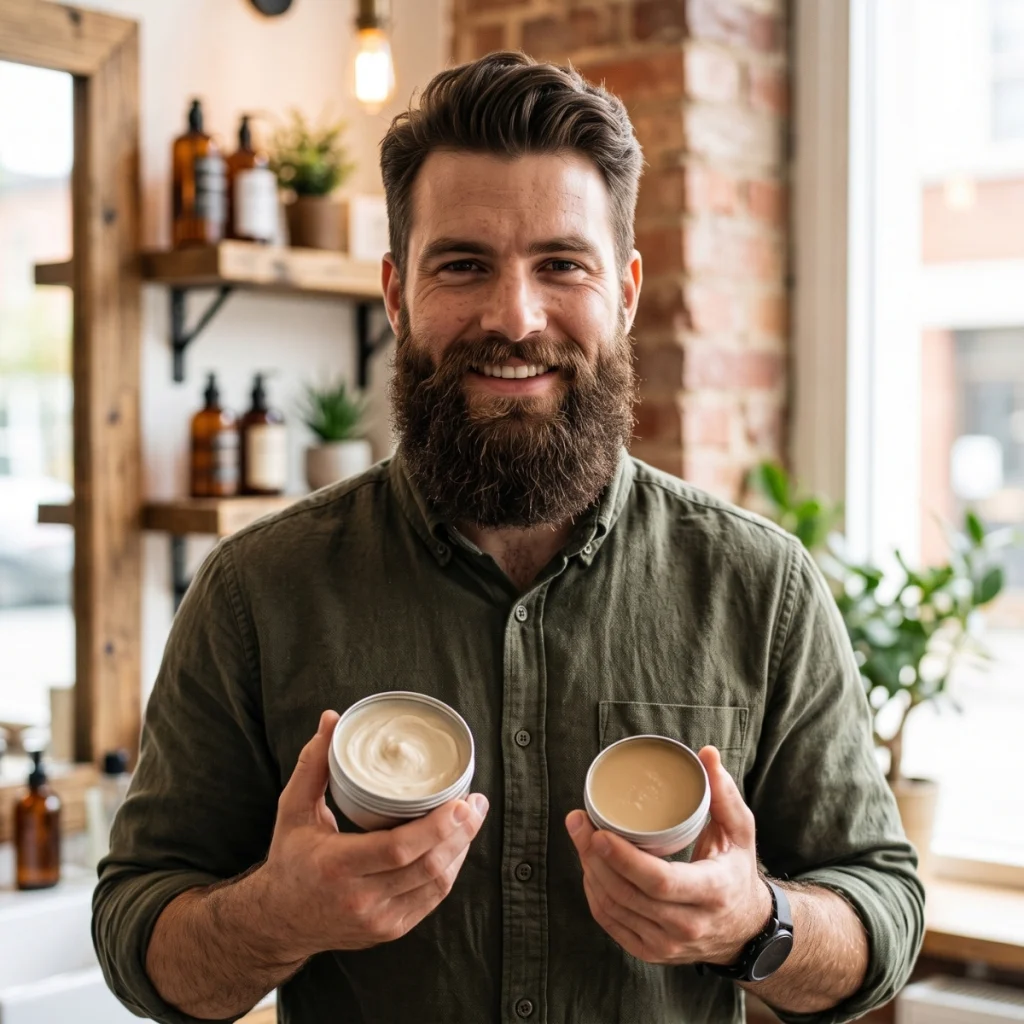 Bearded man holding open tins of beard butter and beard balm containing shea butter.