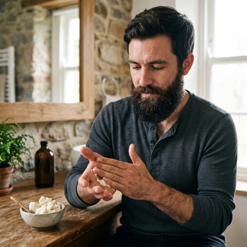 Bearded man warming raw shea butter between his hands before applying it to his beard.