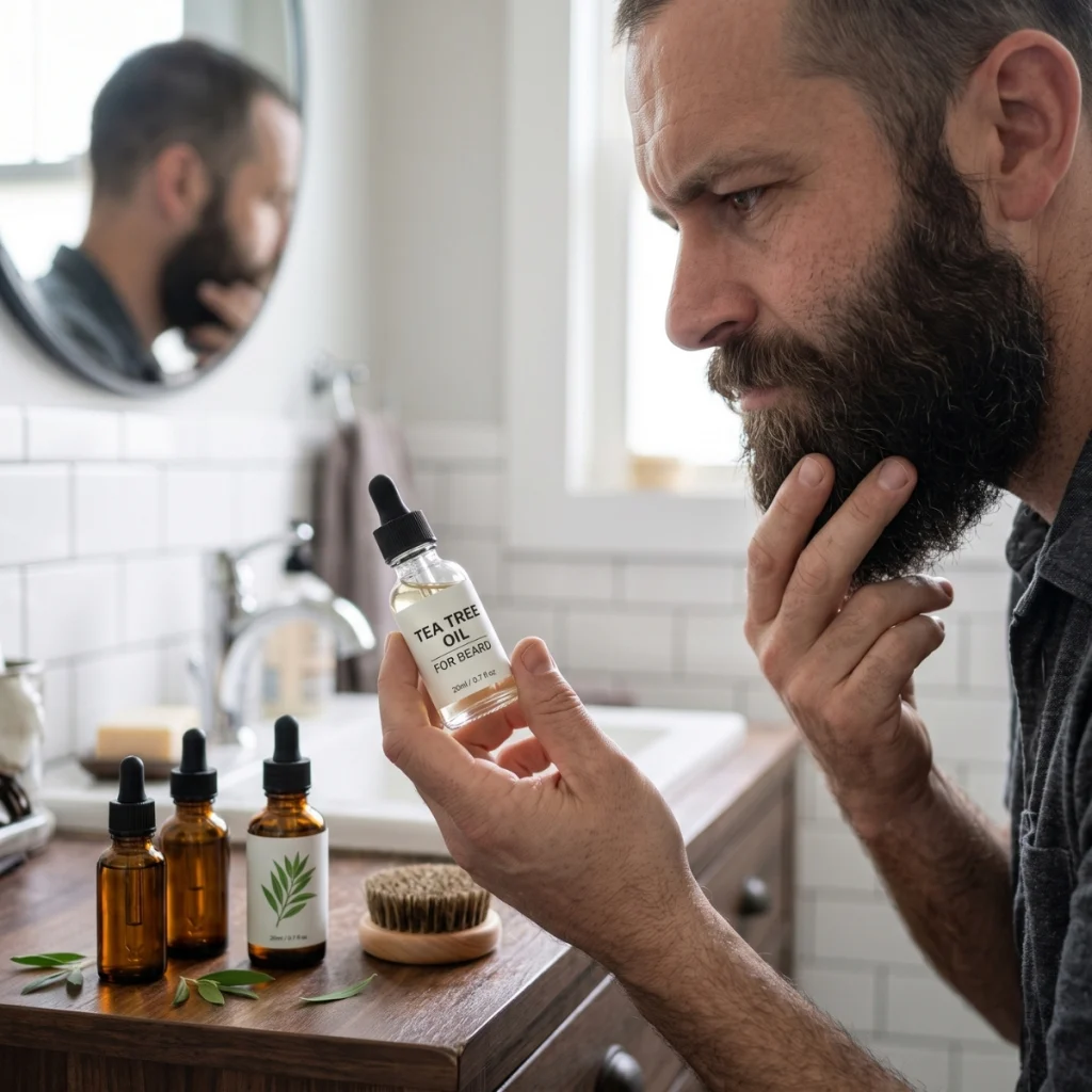 Bearded man considering a tea tree oil beard product in his grooming routine