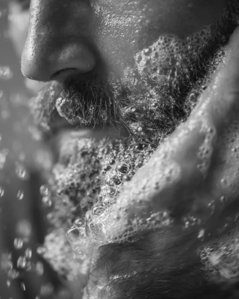 Close-up of a man washing his beard with a foaming beard wash, showing how homemade beard wash should clean without feeling harsh.
