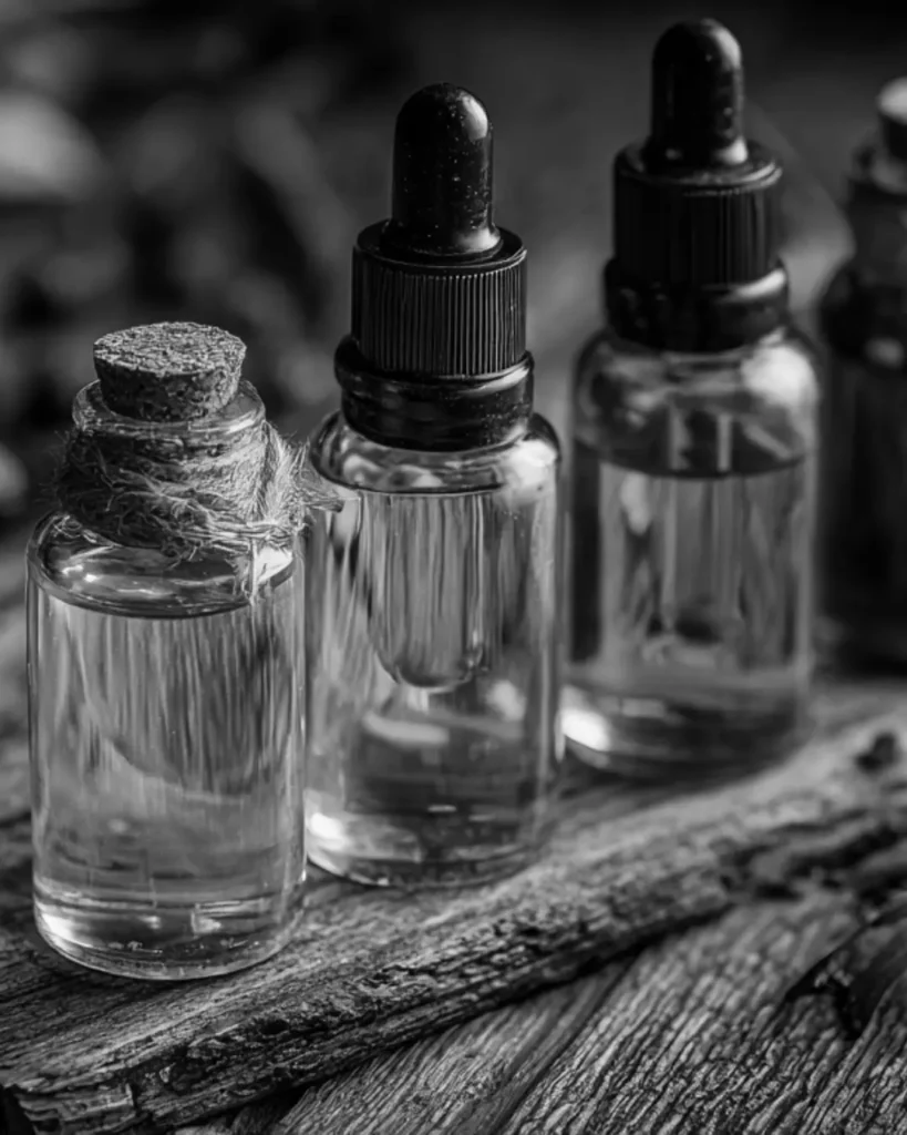 Glass bottles of beard oils and natural ingredients, showing the ingredients to be careful with when making homemade beard wash.