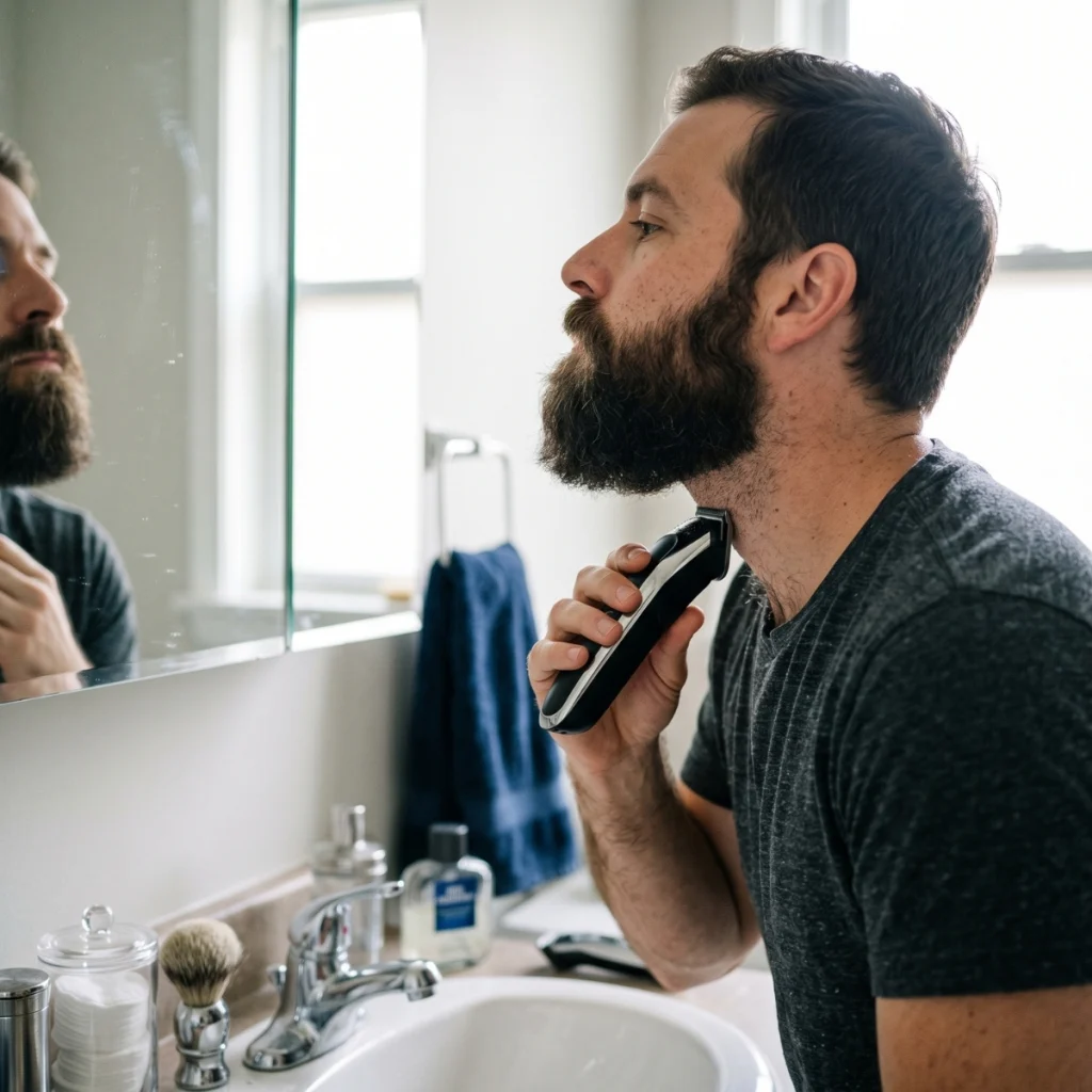 Man using a beard trimmer to remove neckbeard growth while keeping the neckline below the jaw.
